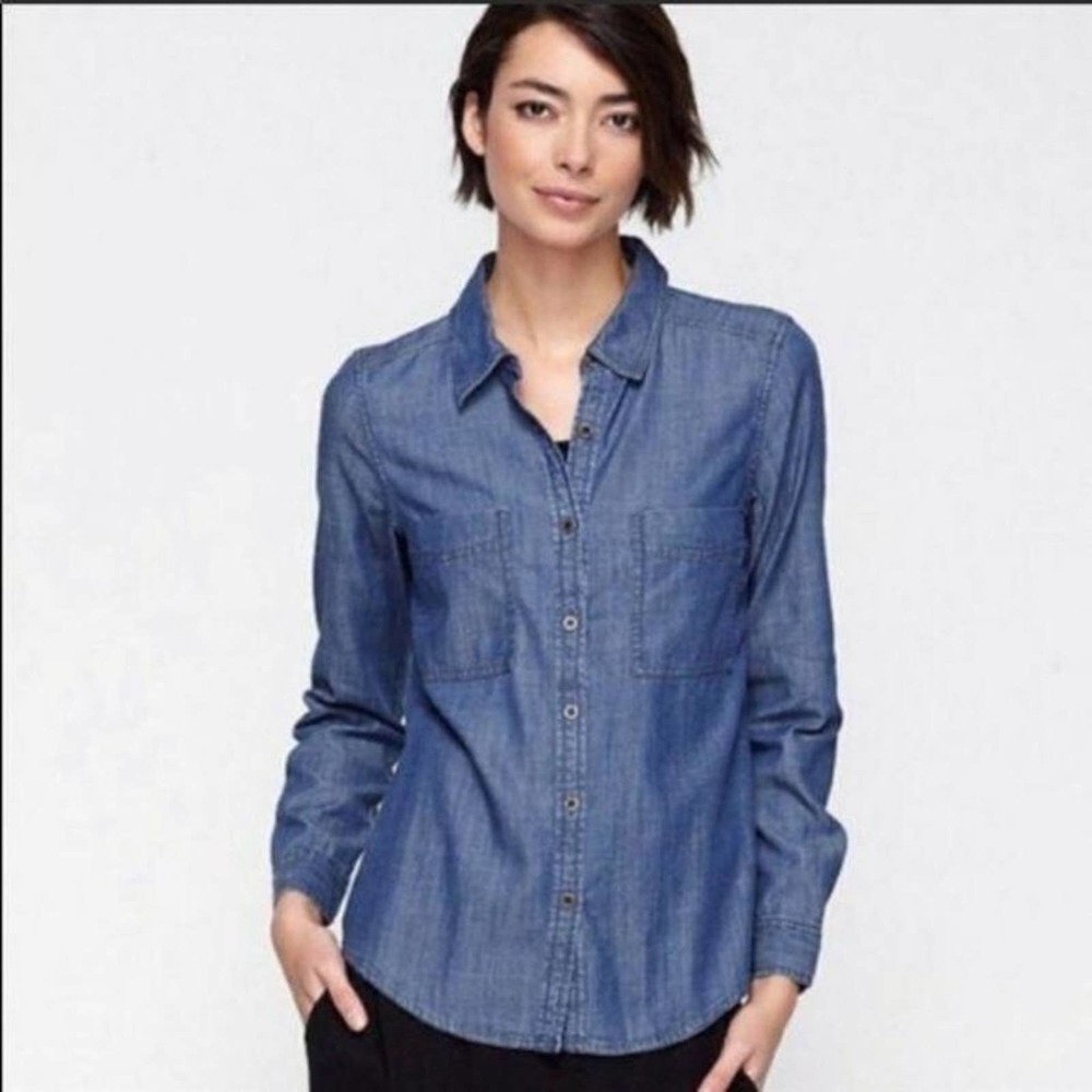 Eileen Fisher Tencel Denim Button Up Collared Long Sleeved Shirt Sz. Extra Small